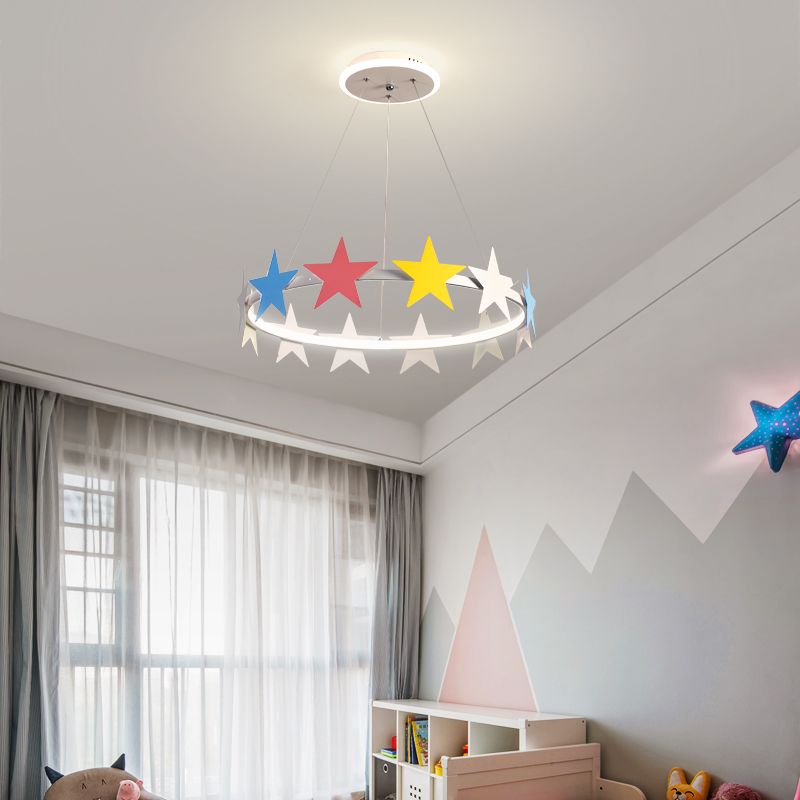 19.5"/23.5" Dia Metal Ring Chandelier Light with Star Decoration Cartoon LED Suspension Light in White, Warm/White Light