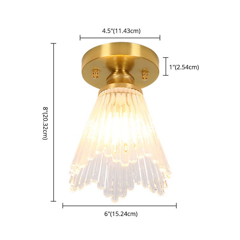 Small Foyer Ceiling Mounted Lamp Textured Glass 1-Bulb Minimalist Semi Flush Light in Brass