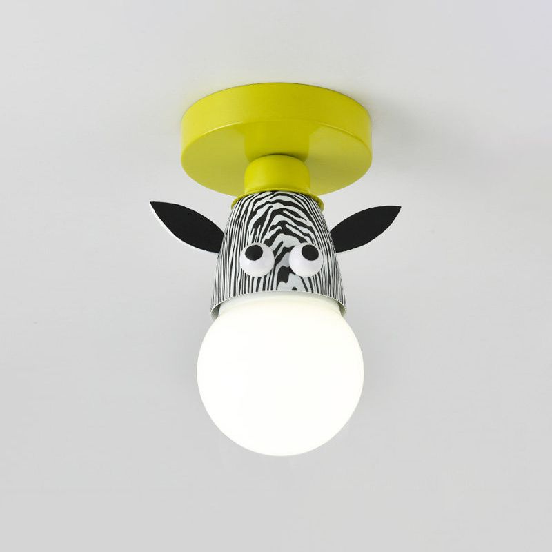 Single Bulb Bedroom Semi-Flush Mount Lighting Kids Yellow Ceiling Lamp with Giraffe / Monkey / Tiger Metal Shade