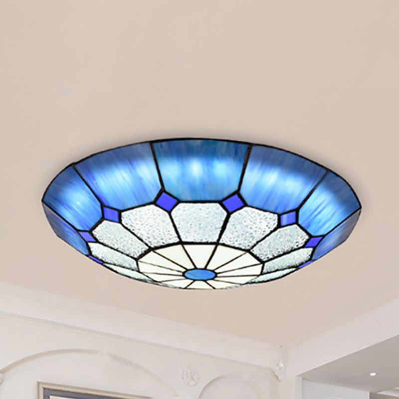 12"/16"/19.5" W Tiffany Blue/Light Blue Flush Ceiling Light with Bowl Shade Stained Glass Flushmount for Living Room