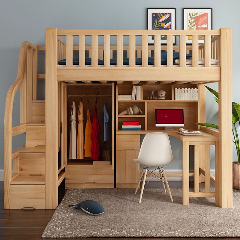 Modern Solid Wood Loft Bed Natural Storage Kids Bed with Guardrails