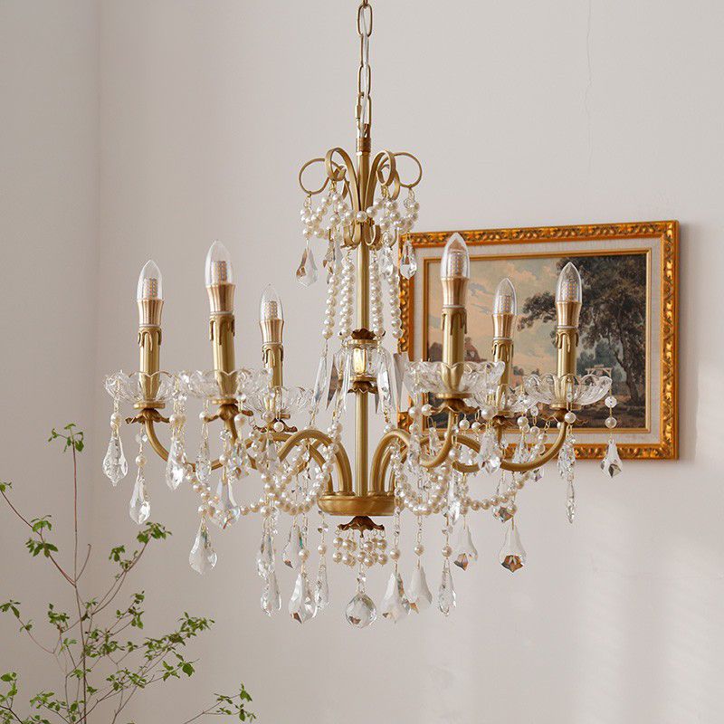 Candle Chandelier Light Fixtures American Style Multi-Head Hanging Pendant Lamps with Crystal Bead