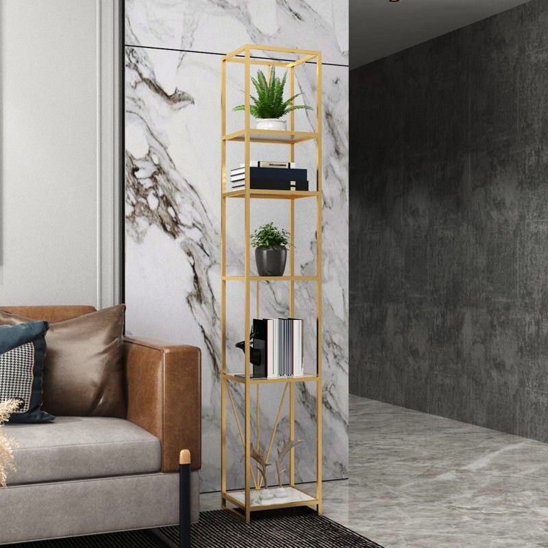 Gold and Black Metal Shelf Bookcase Bedroom Vertical Bookshelf with Shelves