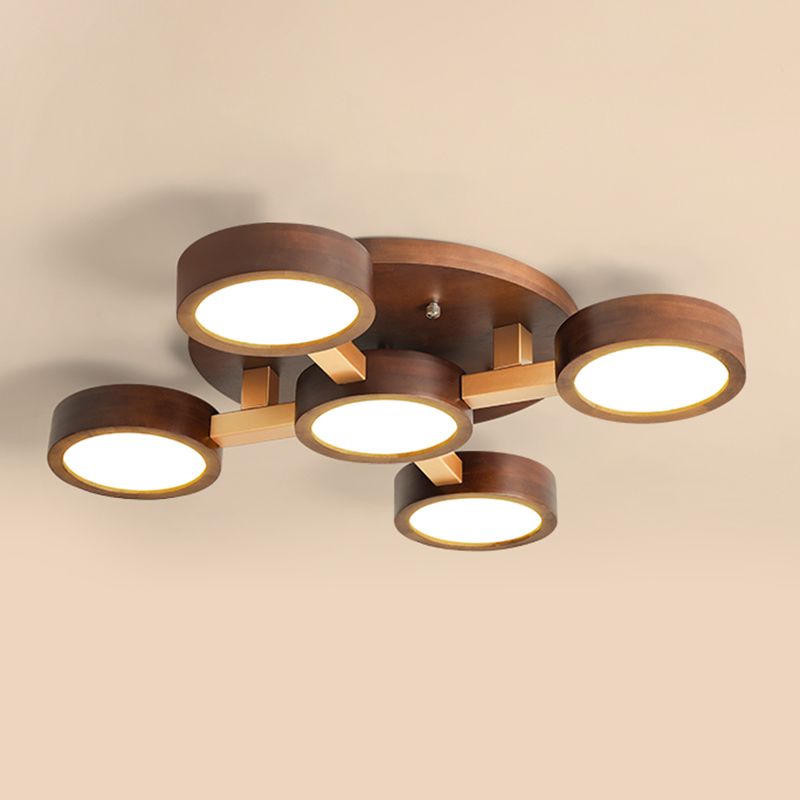 Brown Wood Modern Flush Mount Circle Shape Ceiling Light with Acrylic Shade for Passage