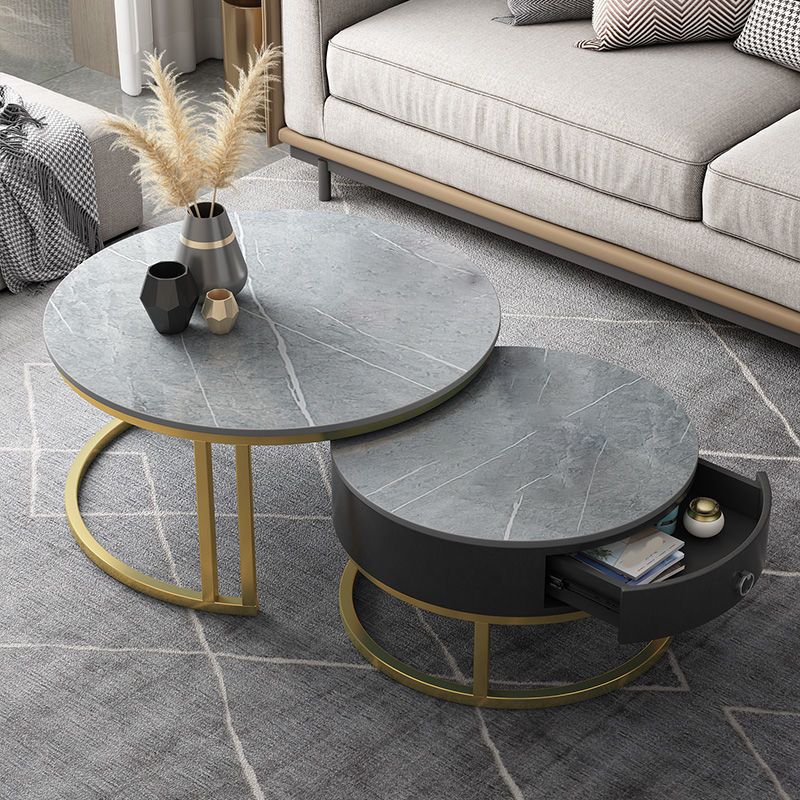 Contemporary Round Slate Coffee Table Steel Frame Cocktail Table