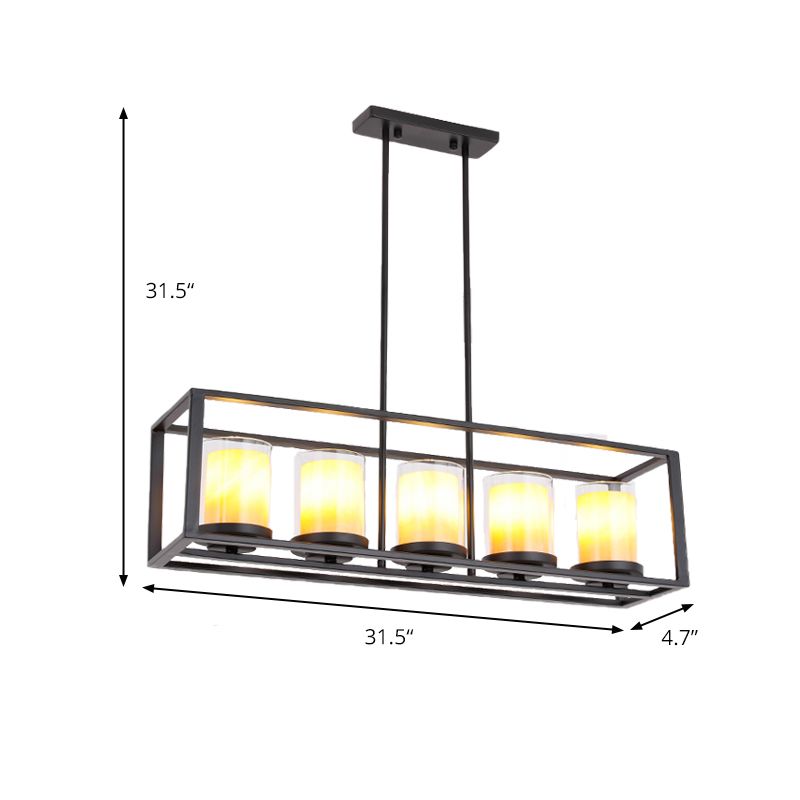 Cylinder Dining Room Pendant Light Vintage Glass 3/5/6 Lights Island Lighting with Black Frame