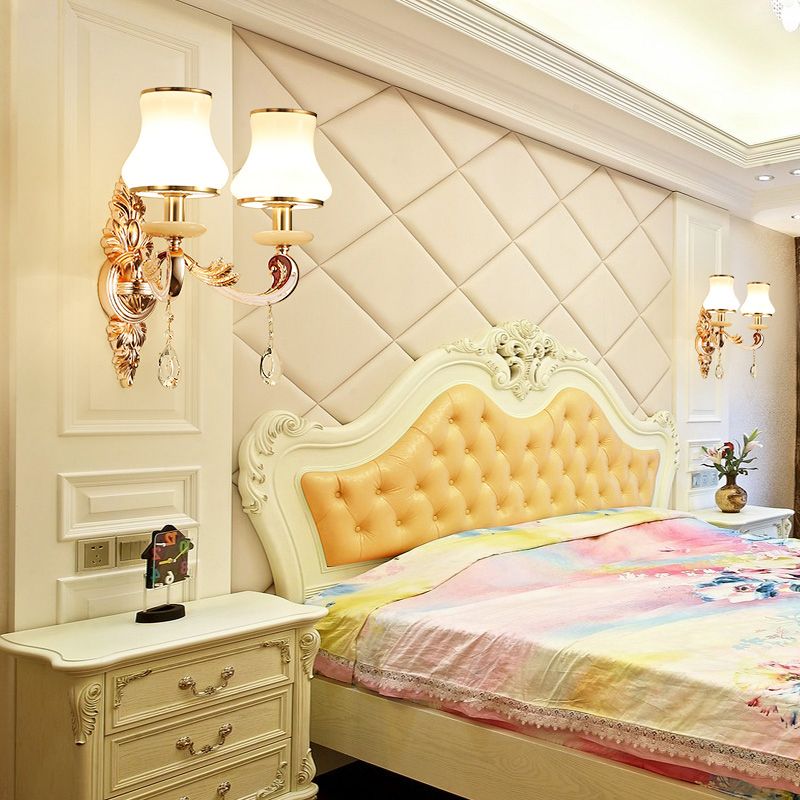 Flared Sconce Lamp Retro Style Gold Milk Glass Wall Mount Light with Crystal Droplet