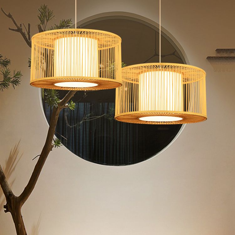 Hand-worked Drum Shaped Pendant Modern Wood 1-Light Restaurant Hanging Lighting
