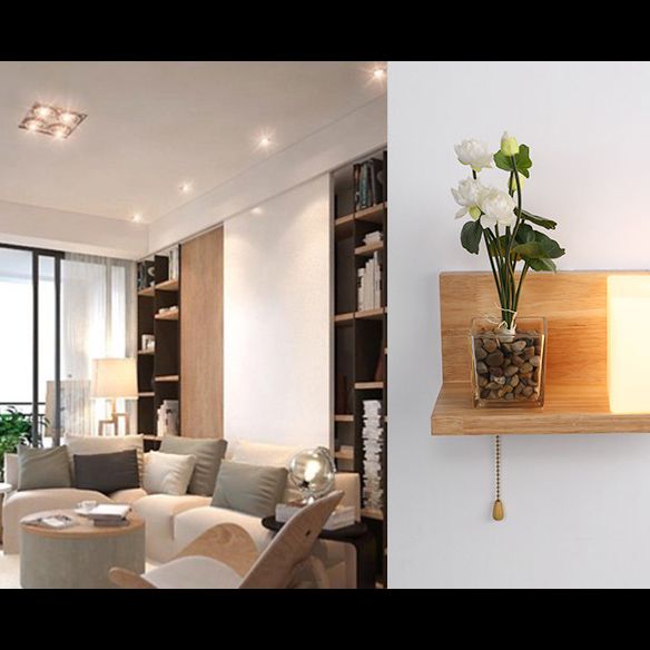 Nordic Style Solid Wood Wall Sconce White Square Glass Shade Wall Mount Light with Hand-pull Switch