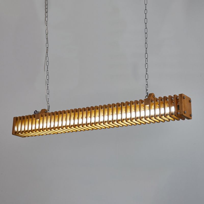 Modern Metal Ceiling Light Rectangle Shape Island Light with Wood Shade for Living Room