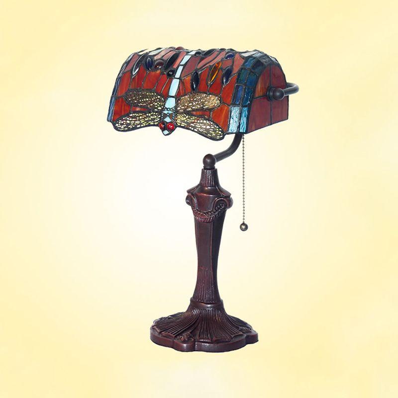 1 Light Banker Desk Lampada Mediterranea Dragonfly Taglia a mano Copriata Accensione del tavolo a catena in rosso