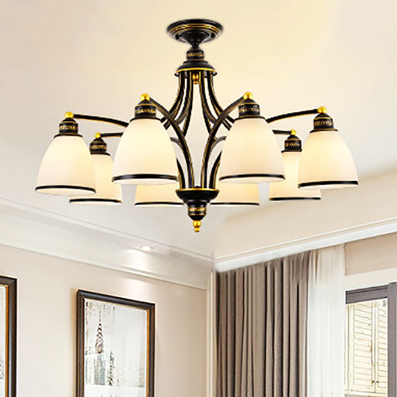 American Style Hanging Chandelier White Glass Shade Chandelier Light Fixture in Black