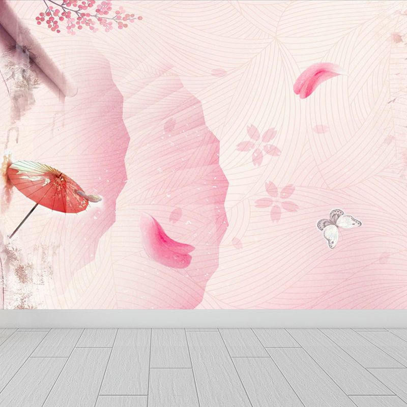 Modern Flowers Branch Mural Decal Pink Decorative Wall Covering for Girls Bedroom
