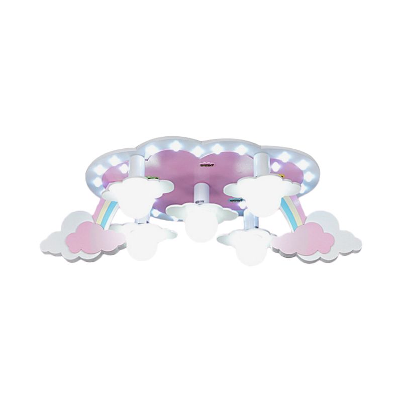 Regenboog Meisje Slaapkamer Plafond Lamp Hout 5-Licht Cartoon Flush Mount Fixture in Roze met Open Bulb Design