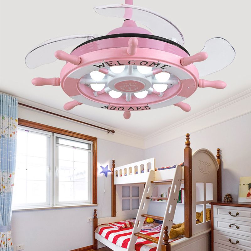 Roer slaapkamer semi -spoel gemonteerd licht kinderen acryl roze/blauw/witte led hangende plafondventilator lamp met 4 heldere messen, 42 "w