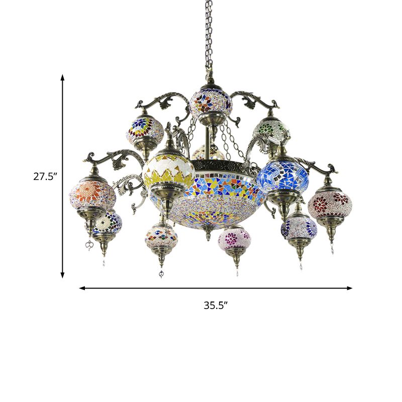 Curved Arm Metal Chandelier Traditional 15 Heads Bronze Hanging Light Kit with Ball Colorful Glass Shade