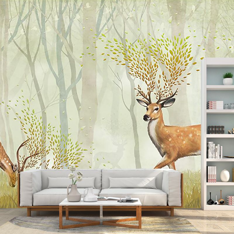Deer in Misty Forest Mural Nordic Stain Resistant Living Room Wall Decor, Custom-Printed