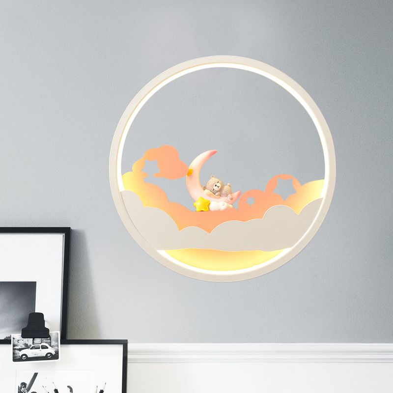 White Cloud Wall Sconce Lighting Contemporary LED Acrylic Ring Wall Lamp Fixture with Girl/Bear/Little Monk Deco