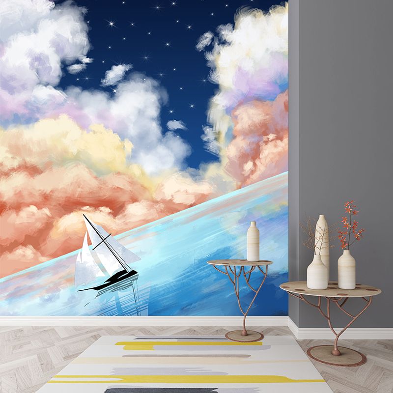 Sailboat on Starry Ocean Mural Decal Blue Childrens Art Wall Decor for Bedroom, Blue