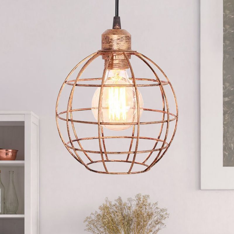 Retro Style Globe Ceiling Lamp 1 Head Metal Hanging Light Fixture with Wire Frame in Black/Copper