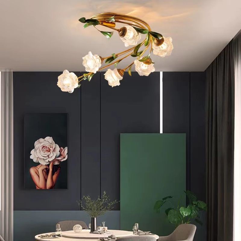 American Style Ceiling Light Flower Shape Ceiling Lamp with Glass Shade for Living Room