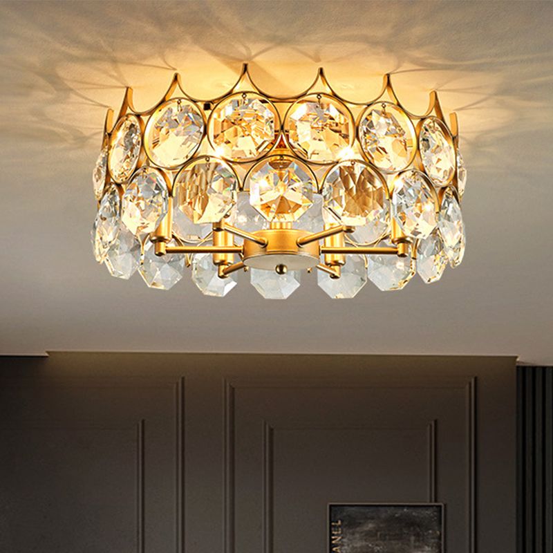 Crystal Gold Semi Flush Mount Light Crown 6 Heads Contemporary Ceiling Mounted Fixture