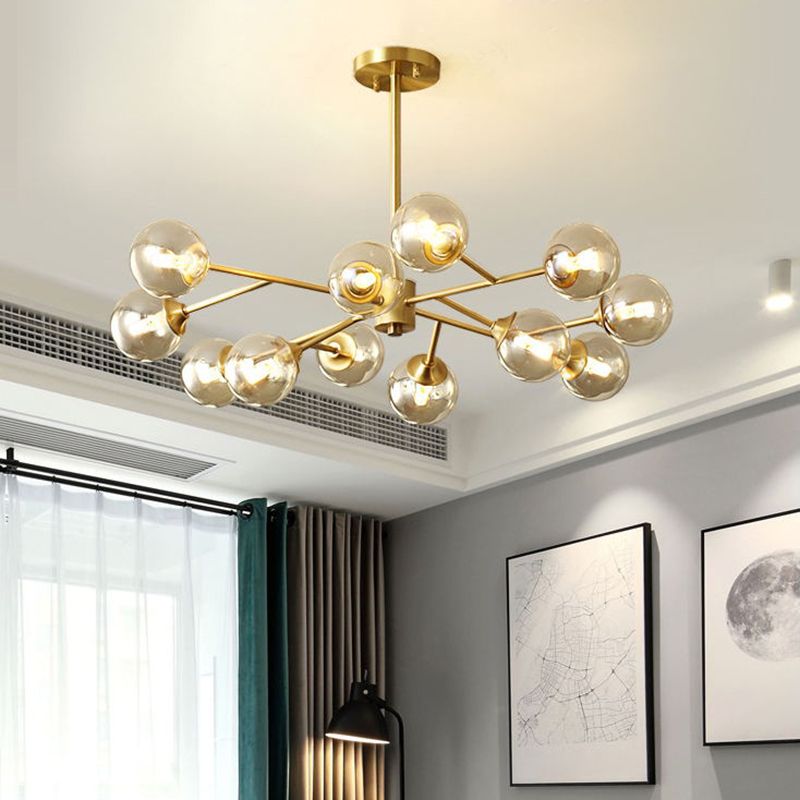 Post-Modern Metal Hanging Chandelier Light Amber Glass Shade Ceiling Chandelier in Gold for Bedroom
