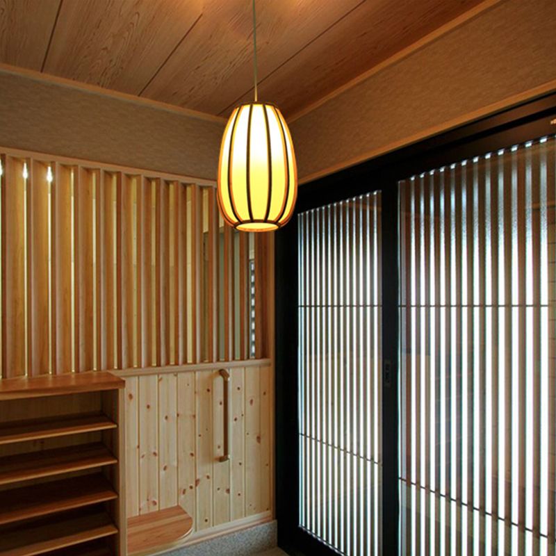 South-east Asia Barrel Ceiling Light Bamboo Single Restaurant Hanging Pendant Light in Wood