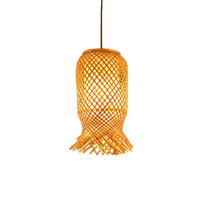 Hand Knitted Bamboo Lantern Drop Light Asian Single Pendant Light in Beige for Restaurant