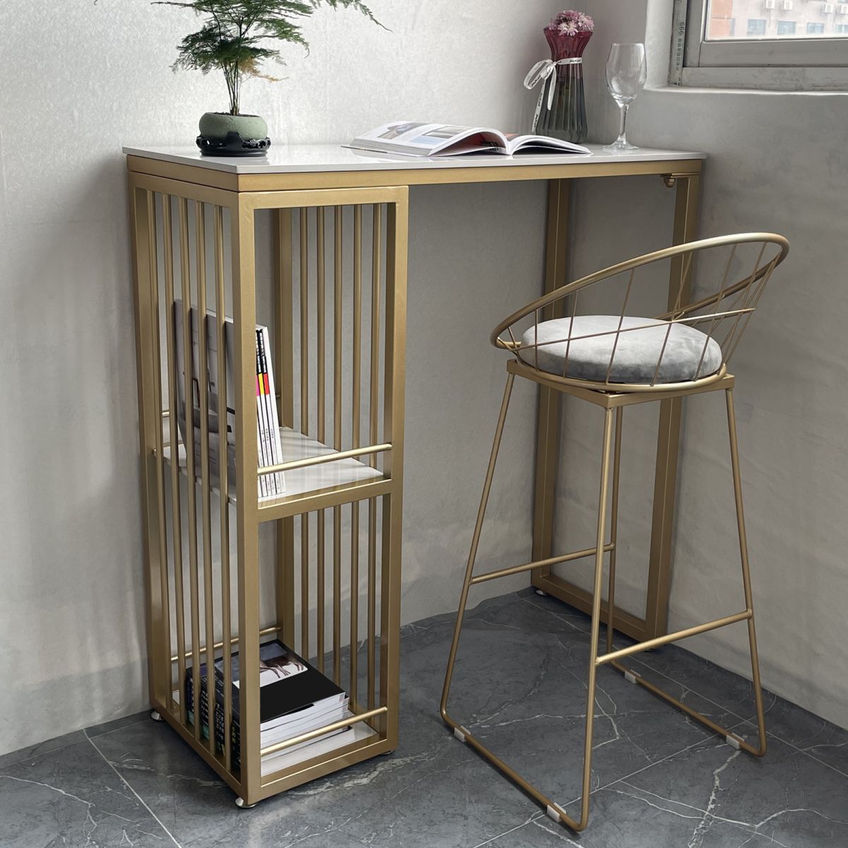 Glam 1/2/3 Pieces Bar Table Set Rectangle Stone Counter Table with High Stools