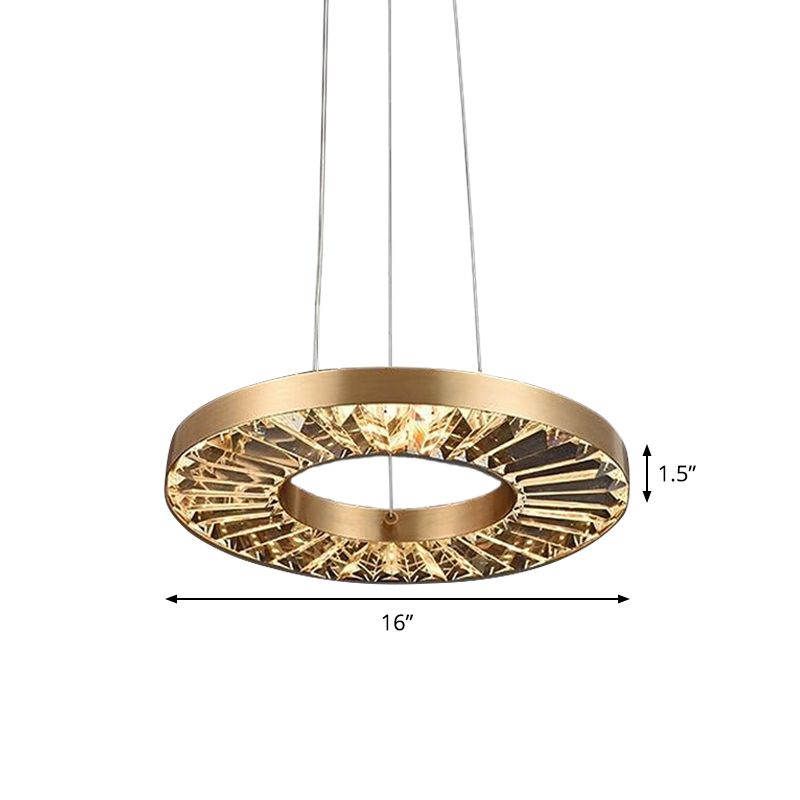 Retro LED Hanging Lamp Kit Gold Circle Suspension Lighting with Prismatic Crystal Shade in Warm/Natural Light