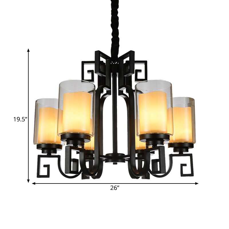 Lampada del lampadario cilindri rurali 6 luci a soffitto in vetro trasparente in nero con braccio attorcigliato