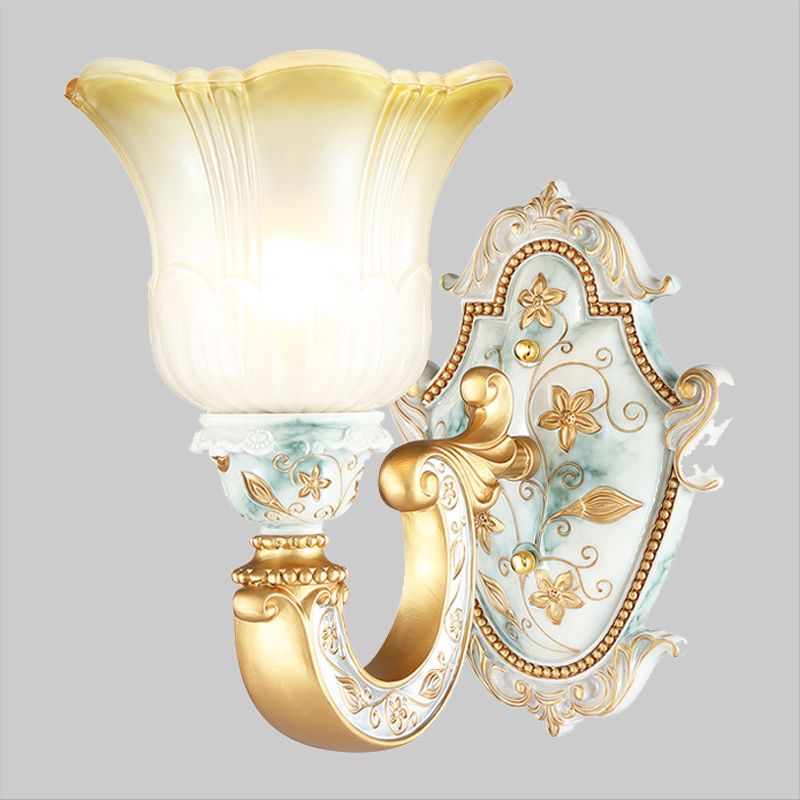 Gold Single Light Wall Lamp Rural Style Opaline Glass Floral Wall Mounted Lighting with Curvy Arm