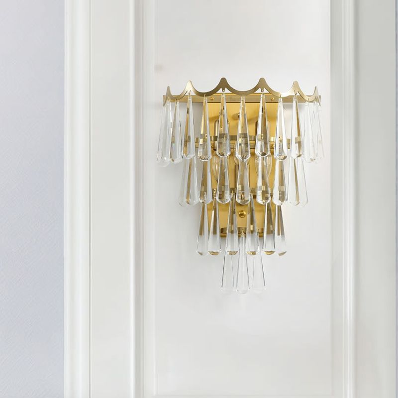 Modern Teardrop Wall Light Fixture 2 Lights Clear Crystal Wall Sconce in Gold with 3-Tiered Design