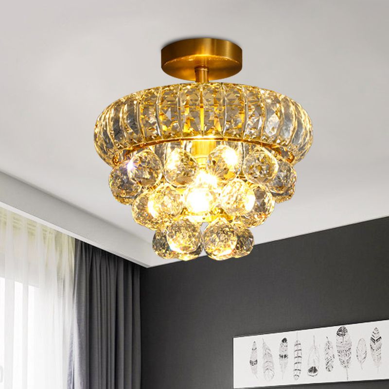 Droplet Semi Mount Lighting Modern Clear Crystal 1 Head Corridor Ceiling Light Fixture in Brass
