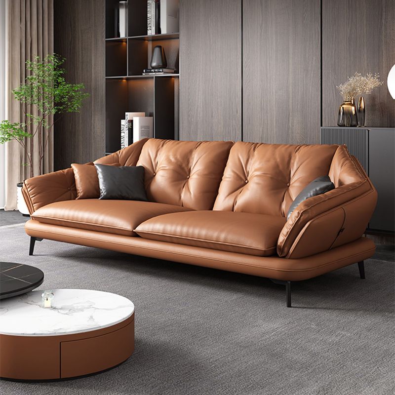 Contemporary Genuine Leather Pillow Top Arm Sofa in Orange for Living Room