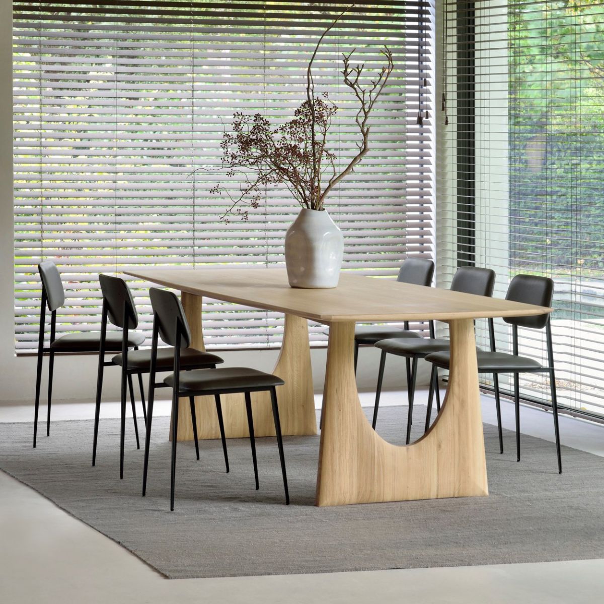 Mesa de comedor de color rectángulo de madera Mesa de madera maciza moderna con pedestal doble