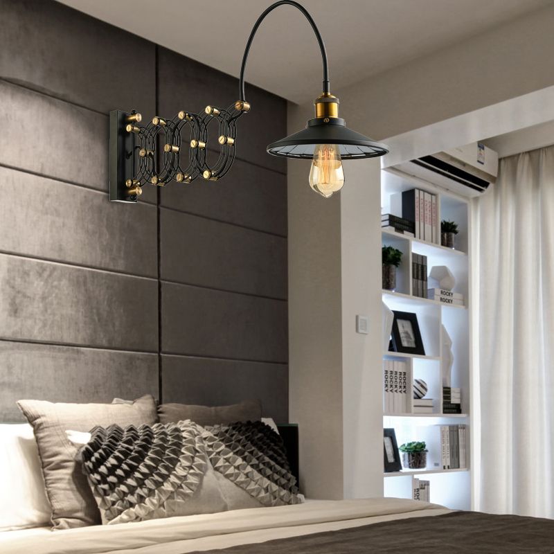 Iluminación de pared de platillo elegante y elegante 1 cabeza de montaje en la pared de metal con brazo extensible en negro