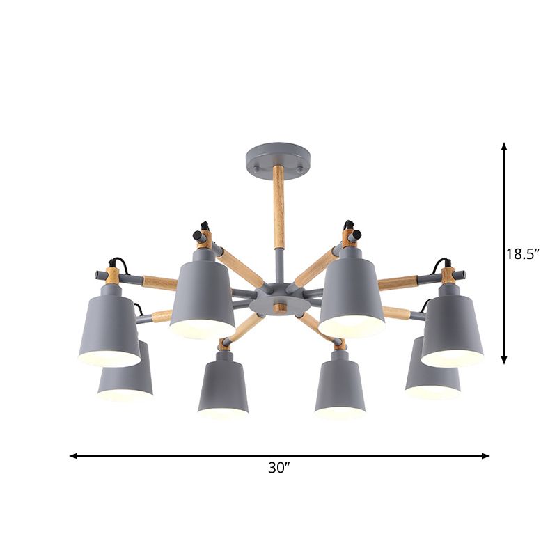 8 Bulbs Living Room Chandelier Macaron Wood Pendant Light with Tapered Metal Shade