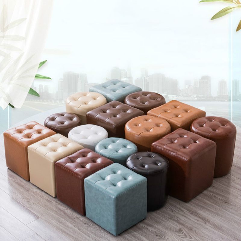 Modern Pouf Ottoman Genuine Leather Tufted Upholstered Solid Color Ottoman
