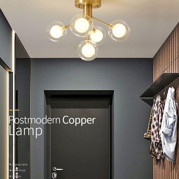 Ball Semi Flush Mount Chandelier Modern Clear and Frosted Glass 5-Light Corridor Ceiling Light