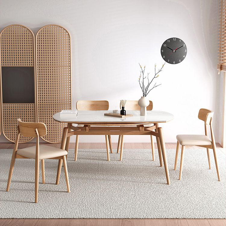 Modern Round Dining Table White Stone Tabletop with Solid Wood Legs