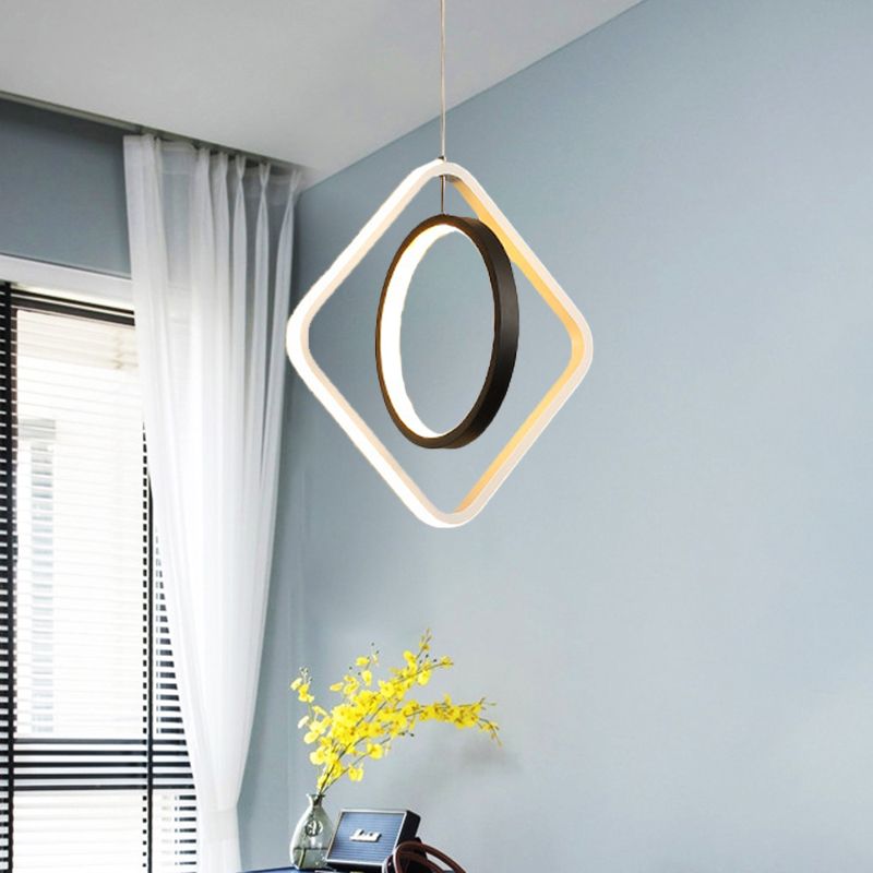 Modern LED Suspension Light Black Hoop and Square Ceiling Pendant Lamp with Acrylic Shade in Warm/White Light