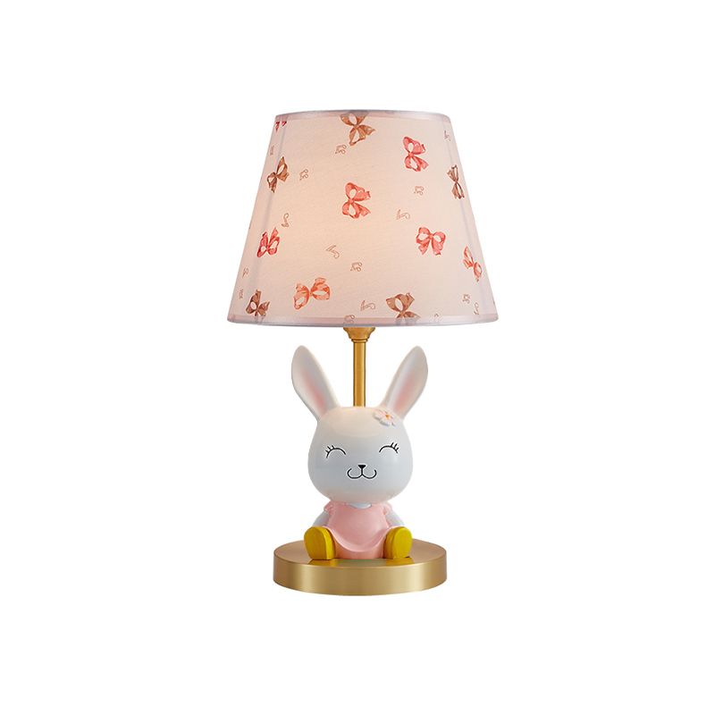 Cartoon Rabbit Night Stand Light Resin Single Bedroom Table Lamp with Tapered Fabric Shade in Pink and White