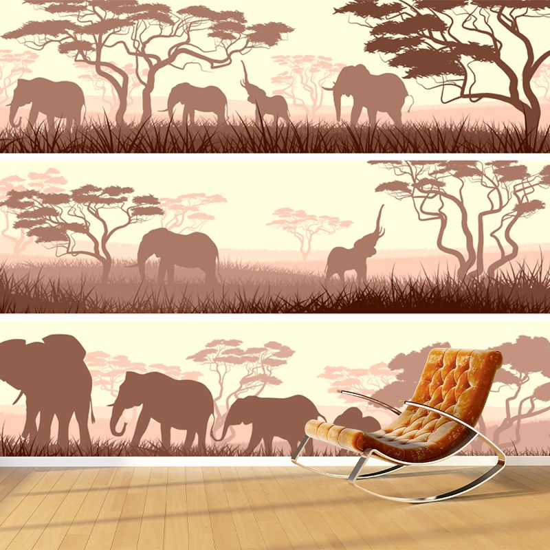 African Savanna Elephant Mural Wallpaper Tropical Non-Woven Wall Decor in Light Brown