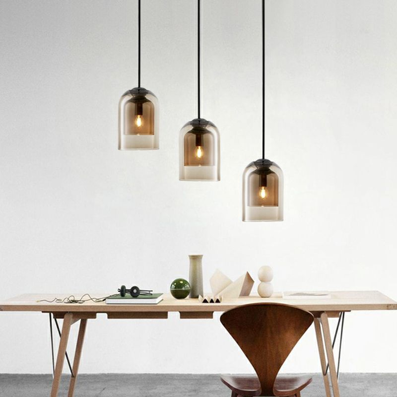 Nordic 1-Light Suspension Light Black Dual Dome Ceiling Pendant Lamp with Glass Shade