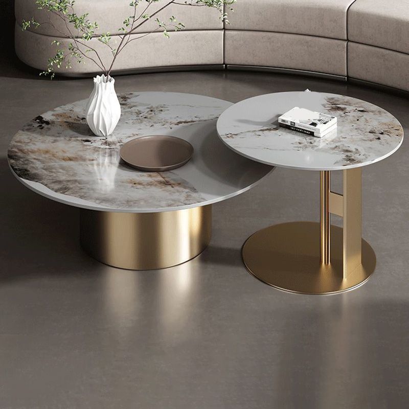 Modern Round Slate Cocktail Table Stainless Steel Pedestal Coffee Table