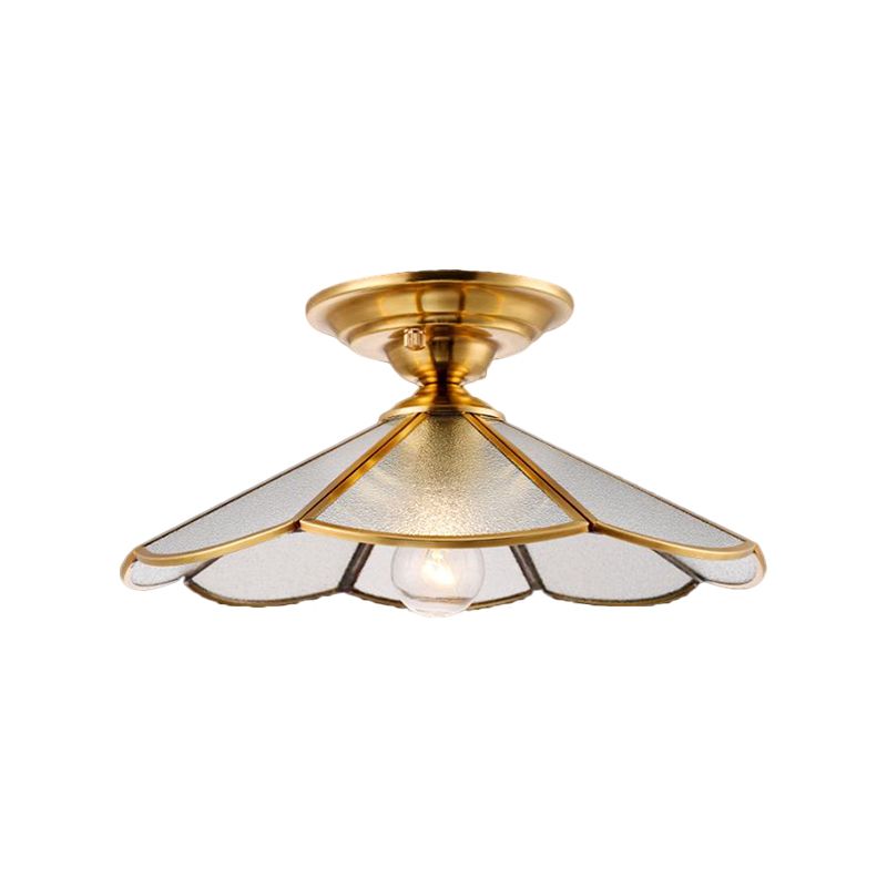 12"/16" W Scalloped Foyer Flush Mount Colonial Frosted Glass 1 Head Brass Ceiling Light Fixture