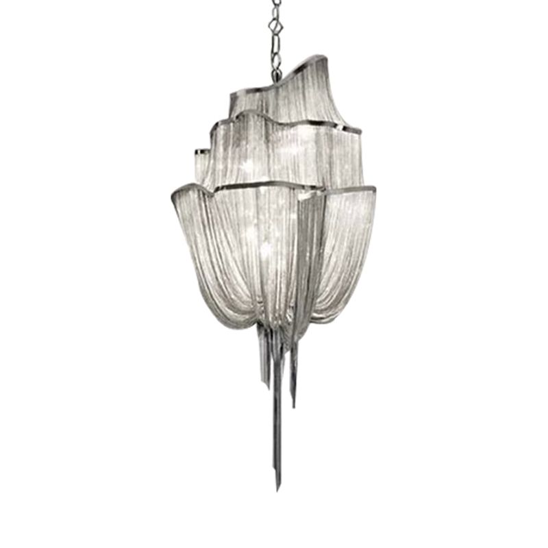 Multi Tiers Hanging Light with Tassel Modern Metal 7/8 Lights Silver Chandelier Light Fixture for Living Room