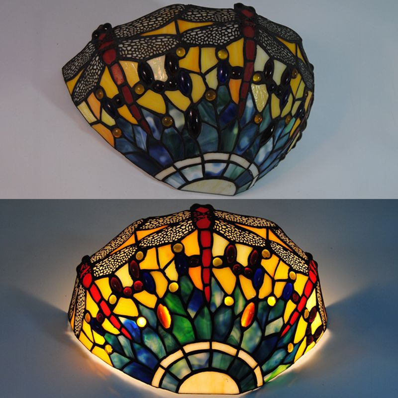 Dragonfly Sconce Lighting Rustic Lodge Stained Glass 1 Light Wall Mount Lighting in Yellow and Green